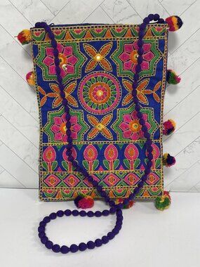 Ethnic Multicolor Embroidered Hippie Mirrored Patchwork Zipper Crossbody Pom Bag